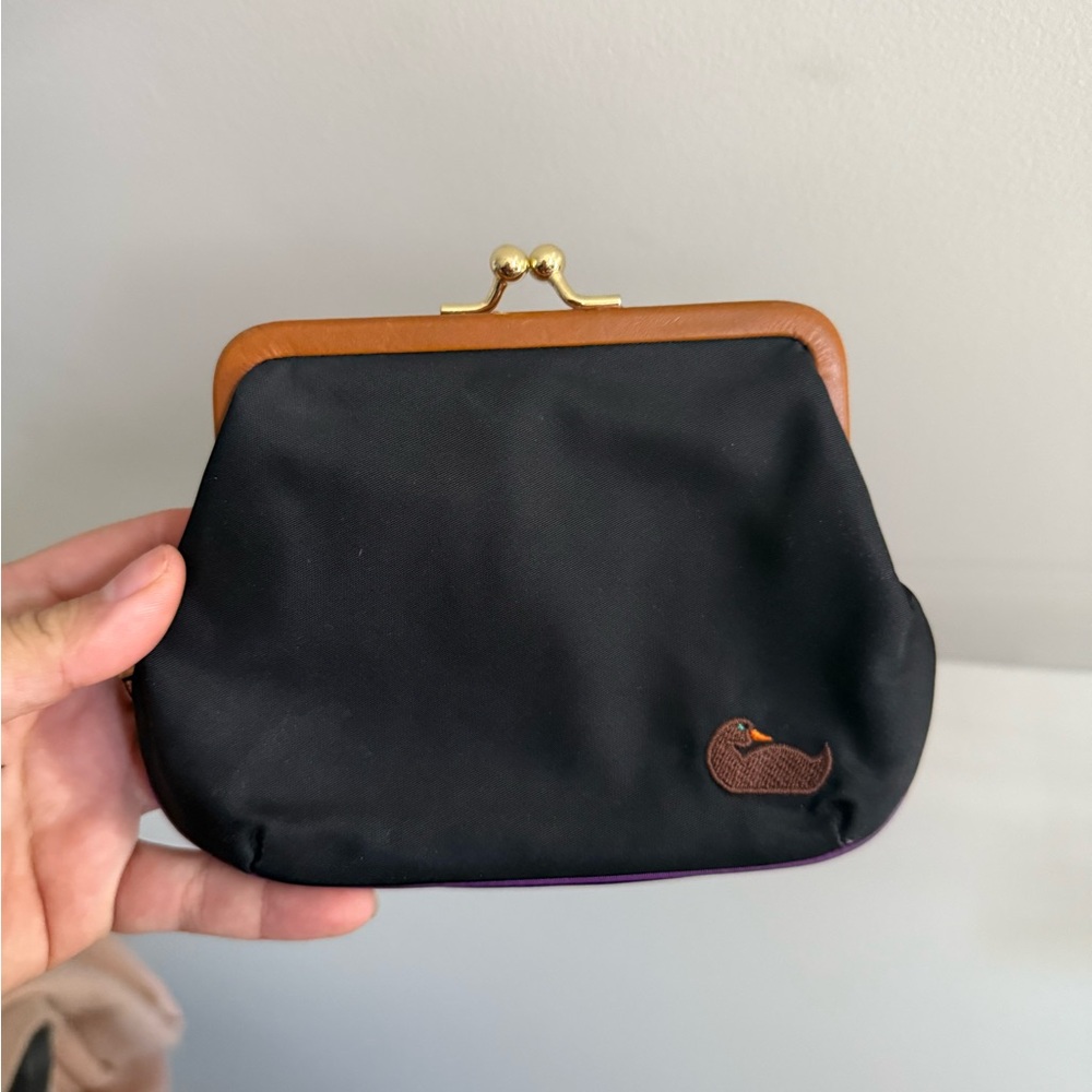 Dooney & Bourke Kisslock Nylon Black and Brown Clasp Coin Purse Purple Trim